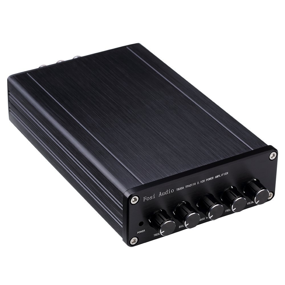 TB20A TPA3116D2 Stereo Amplifier 2.1 Channel Class D Audio Amp with Subwoofer Volume Control 2x50W 1x100W Sub Output Super Bass Power Receiver, Treble Bass Independent Adjustment + Power Supply by Fosi Audio