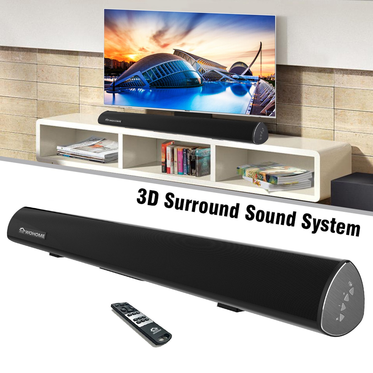 Sound Bar, TV SoundBar 80W 38-Inch Wireless Wired Connection Home Theater Audio Speaker ( 6 Speakers, 2 Bass Reflex Tubes, Remote Control, Wall Mountable, Suit for 40 or Above TV) by Wohome